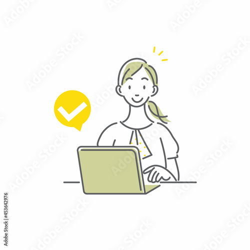 インターネットで手続きをする女性　シンプルでお洒落な線画イラスト