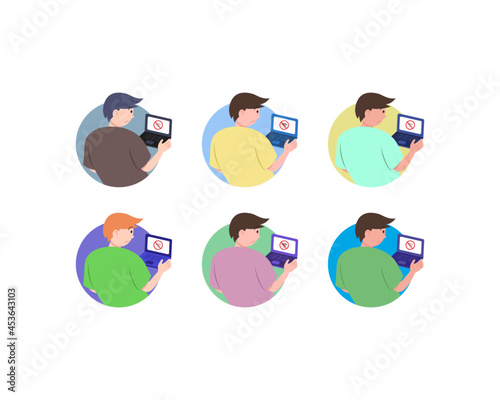 Set guy male boy looks at the laptop sad does not catch the network does not catch the internet no internet no wifi computer wifi networks communication technology