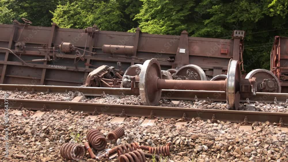 Train derailment. Derailed train electric multiple unit, wreckage of crashed