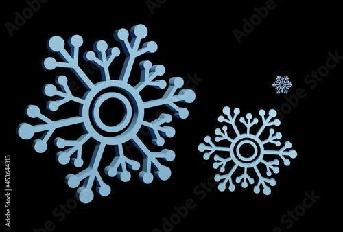 3D beautiful falling snowflakes isolated on black background