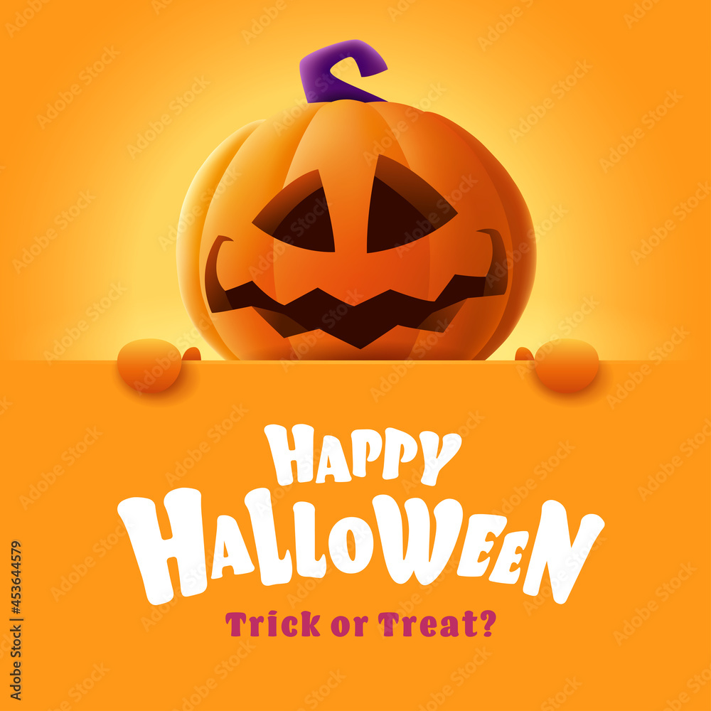 Happy Halloween. 3D illustration of cute Jack O Lantern orange pumpkin character with big greeting signboard on orange background. Happy Halloween. 3D illustration of cute Jack O Lantern orange pumpkin character with big greeting signboard on orange background.