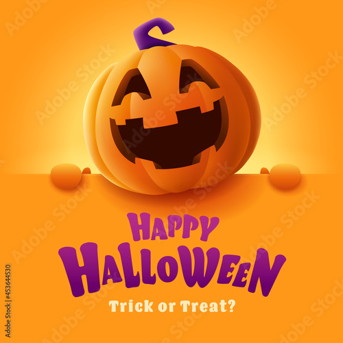 Happy Halloween. 3D illustration of cute Jack O Lantern orange pumpkin character with big greeting signboard on orange background.