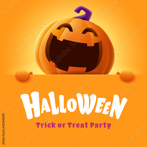 Happy Halloween. 3D illustration of cute Jack O Lantern orange pumpkin character with big greeting signboard on orange background.
