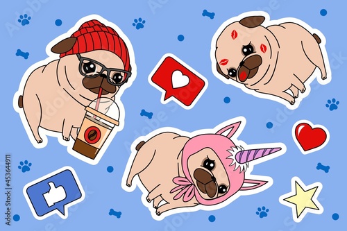 Creative conceptual vector illustration sticker set. Pug dogs with retro vintage audio player boombox coffee and cap