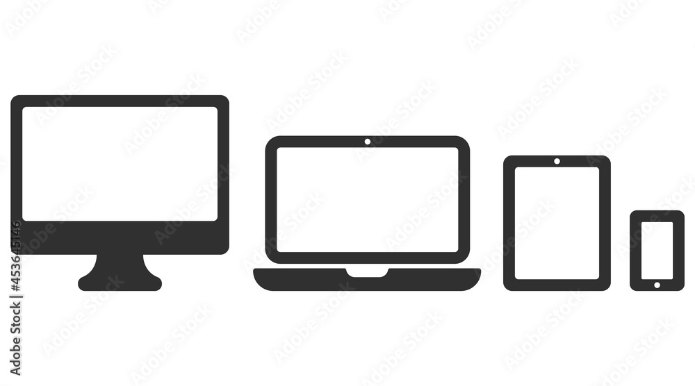 Set of device icons: smartphone, tablet, laptop and desktop computer. Vector illustration. Set of device icons: smartphone, tablet, laptop and desktop computer. Vector illustration.