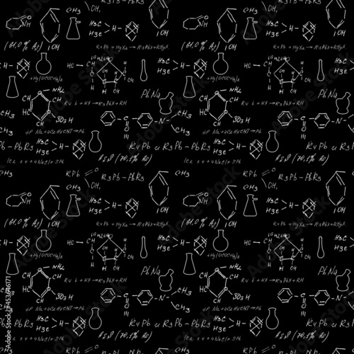 Hand draw chemistry pattern on black background. Back to School seamless pattern. Science lab subject. Education notes in exercise book page. Chemical study paper. Endless illustration. Vector.