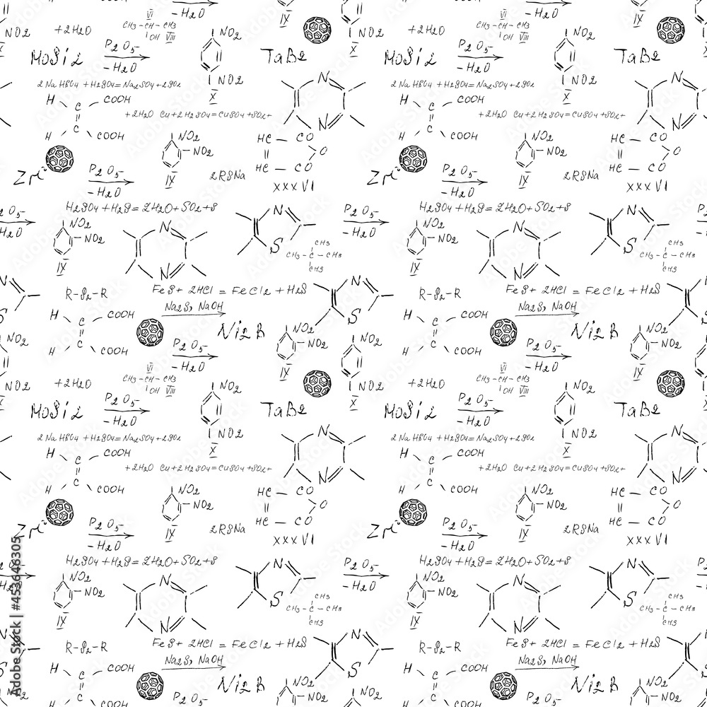 Hand draw chemistry pattern on white background. Back to School seamless pattern. Science lab subject. Education notes in exercise book page. Chemical study paper. Endless illustration. Vector.