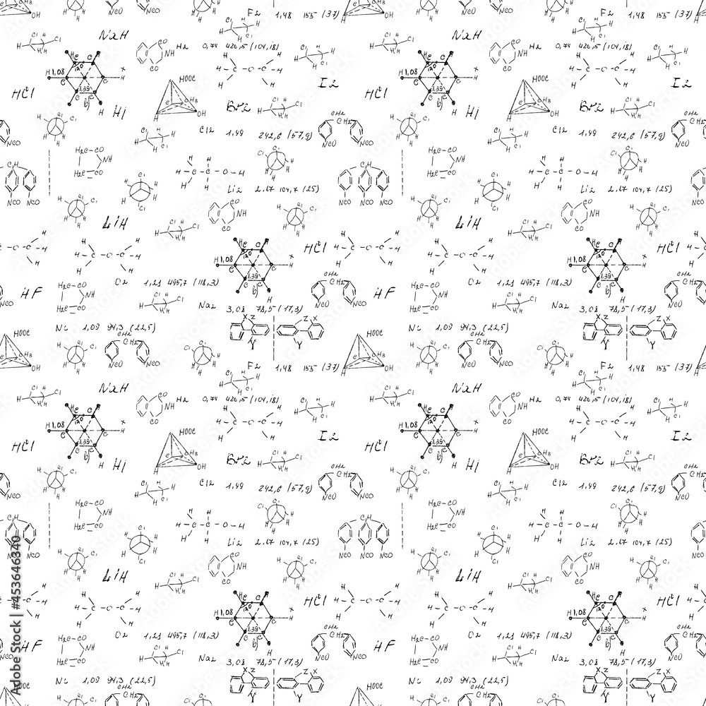 Hand draw chemistry pattern on white background. Back to School seamless pattern. Science lab subject. Education notes in exercise book page. Chemical study paper. Endless illustration. Vector.