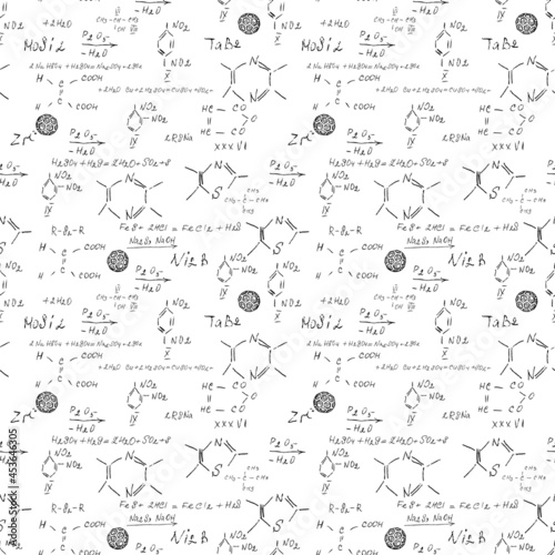Hand draw chemistry pattern on white background. Back to School seamless pattern. Science lab subject. Education notes in exercise book page. Chemical study paper. Endless illustration. Vector.