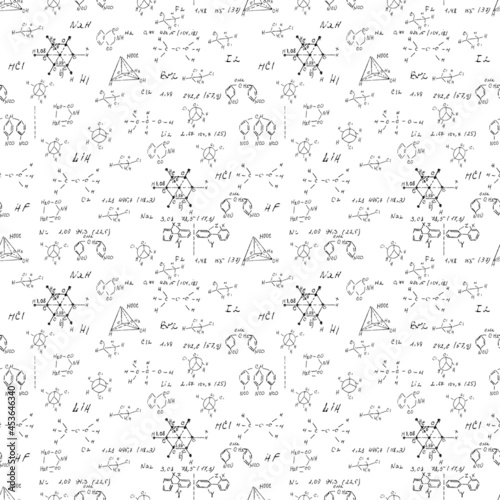 Hand draw chemistry pattern on white background. Back to School seamless pattern. Science lab subject. Education notes in exercise book page. Chemical study paper. Endless illustration. Vector.