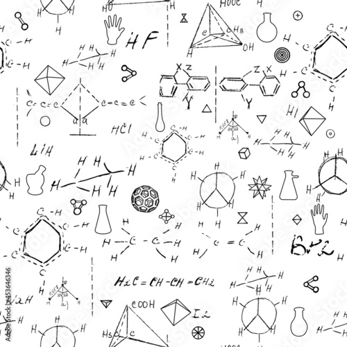 Seamless endless pattern background with handwritten chemistry formulas, chemical relationship or rules expressed in symbols, various matter, compounds, composed of atoms, molecules and ions. Vector.