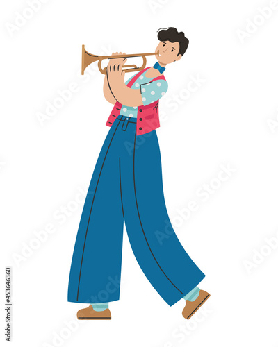 A man plays a melody on a trumpet. Creative profession.