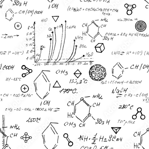 Seamless endless pattern background with handwritten chemistry formulas, chemical relationship or rules expressed in symbols, various matter, compounds, composed of atoms, molecules and ions. Vector.