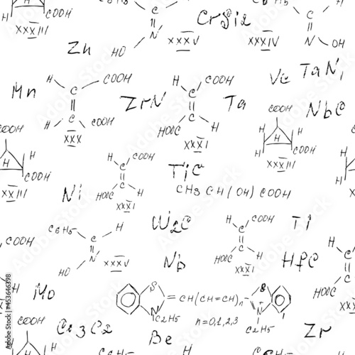 Chemistry seamless pattern with handwriting of various formulas and molecules structures and diagrams. Atom geometry. College lectures. Scientific study as former Alchemy. Vector.