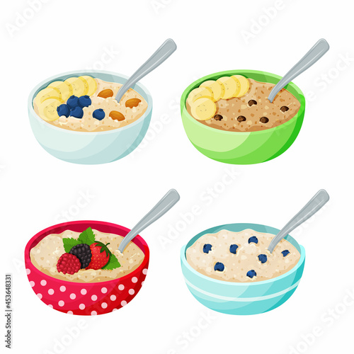 Cartoon bowl with porridge set. Oatmeal and cereal with berries, fruits, chocolate drops and nuts. Healthy breakfast with various toppings. Oat grain porridge. Vector illustration on white background.