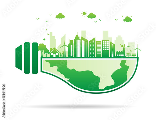 green ecology city and light bulb. save energy and environment concept. earth eco and forest sustainable. isolated on white background. vector illustration in flat style modern design.
