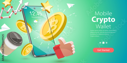 3D Vector Conceptual Illustration of Mobile Crypto Wallet, Online Cryptocurrency Exchange