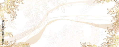 Luxurious golden autumn wallpaper with rowan on a white background. Shiny branch of mountain ash. Modern art mural wallpaper. Vector illustration.