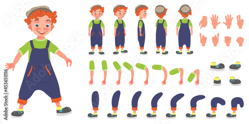 Flat Vector Conceptual Illustration of Redhead Kid Boy Cartoon Character Set For Animation  Various Views  Poses and Gestures