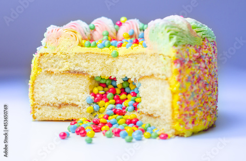 Madeira sponge coated with yellow colour frosting  layered with plum and raspberry jam  filled and topped with multicolour chocolate nibs and decorated with multicolour frostings and sugar decorations