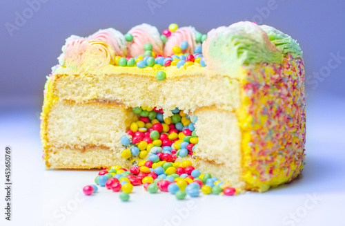 Madeira sponge coated with yellow colour frosting, layered with plum and raspberry jam, filled and topped with multicolour chocolate nibs and decorated with multicolour frostings and sugar decorations