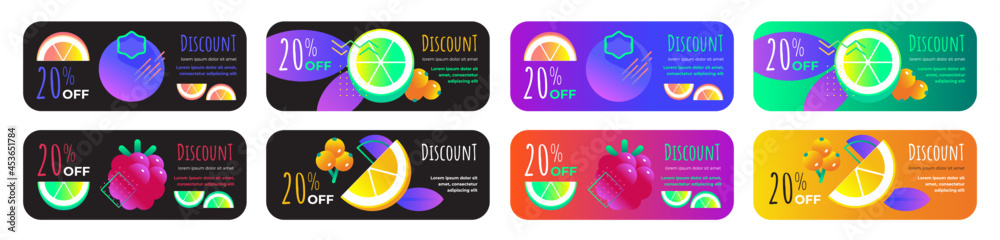 Set of neon minimalistic discounts on dark and colorful background with citrus fruits, berries and geometric elements