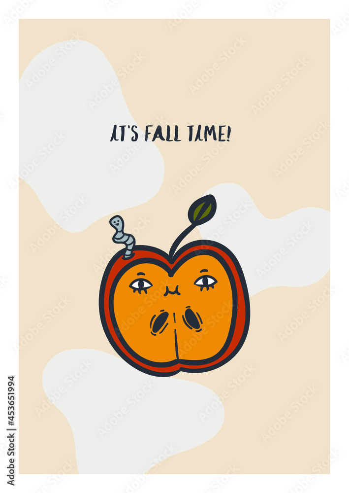 Fototapeta premium Autumn cute fall vector pre-made illustration perfect for poster, postcard, print, web, greeting cards, social media. Modern hand drawn characters with faces - mushrooms, slug, leaves. Funny and cozy.