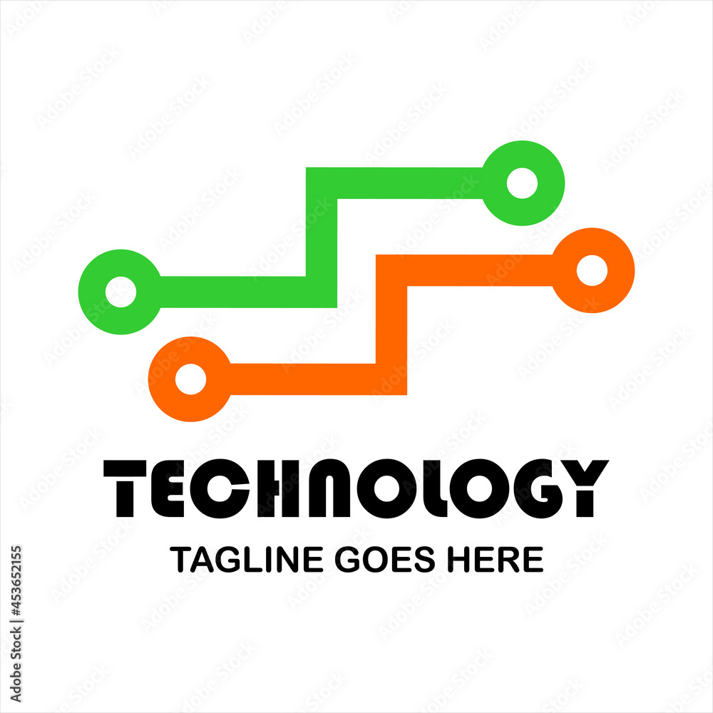 technology vector logo for company or group, abstract logo green and orange metal circuit, modern template, simple and minimalist logotype, just what you want