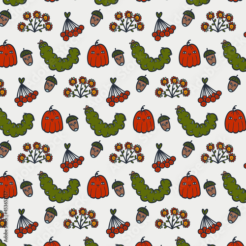 Cute vector seamless pattern. Trendy autumn illustration with funny plants, mushrooms, caterpillars, worms, slug, apples, pumpkins, chestnuts, acorns and other plants. Perfect fall graphic for print.