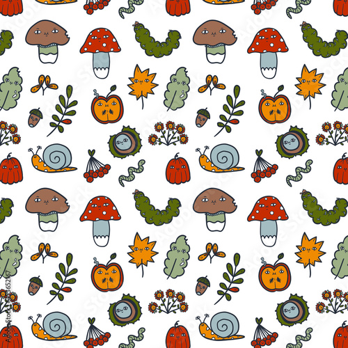 Cute vector seamless pattern. Trendy autumn illustration with funny plants, mushrooms, caterpillars, worms, slug, apples, pumpkins, chestnuts, acorns and other plants. Perfect fall graphic for print.