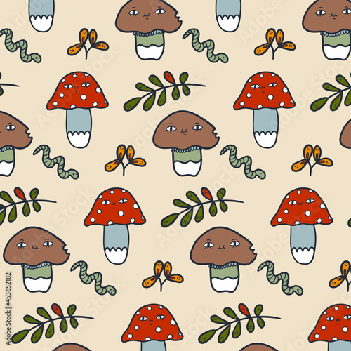 Cute vector seamless pattern. Trendy autumn illustration with funny plants, mushrooms, caterpillars, worms, slug, apples, pumpkins, chestnuts, acorns and other plants. Perfect fall graphic for print.