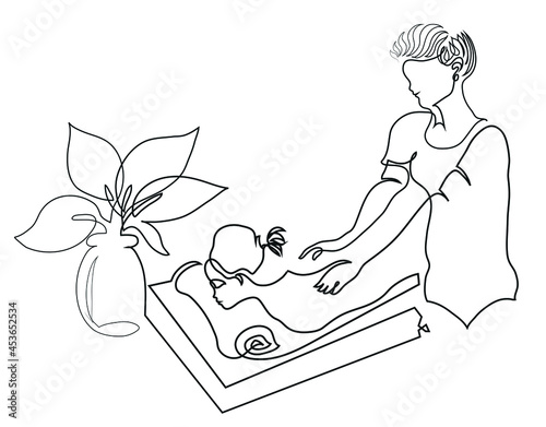 One line drawing of  woman getting neck and shoulders massage by female masseur.
One continuous line drawing of female masseur concept.
