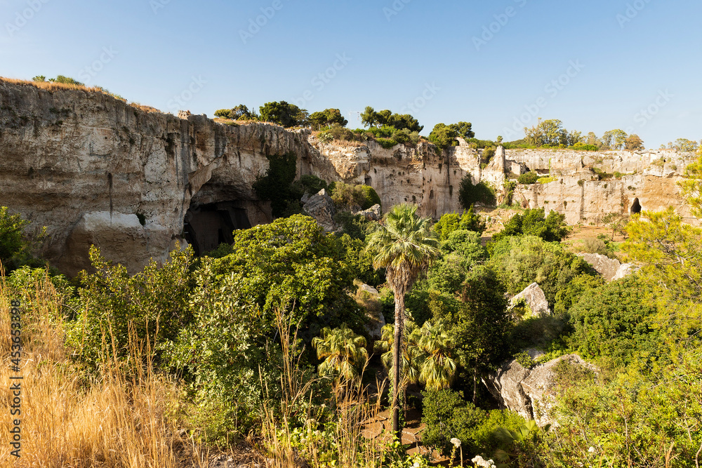 Natural Sceneries of The Latomia del Paradiso in The Neapolis Archaeological Park in Syracuse, Sicily, Italy.