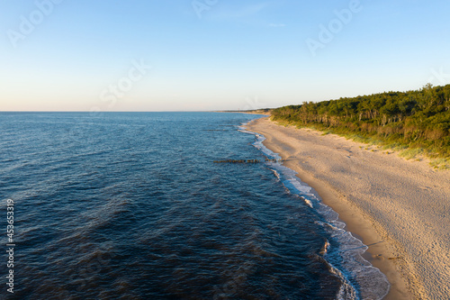 Curonian Spit wth Baltic sea on sunset. Kurshskaya kosa national park near Zelenogradsk. Kaliningrad region. Aerial view