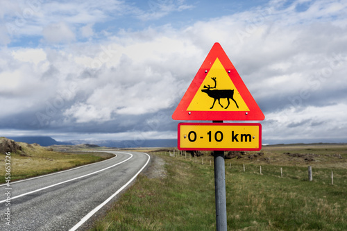 Beware of reindeer. Warning Sign next a paved street in Iceland