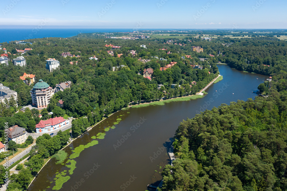 Baltic sea coastline with Svetlogorsk town. Aerial view