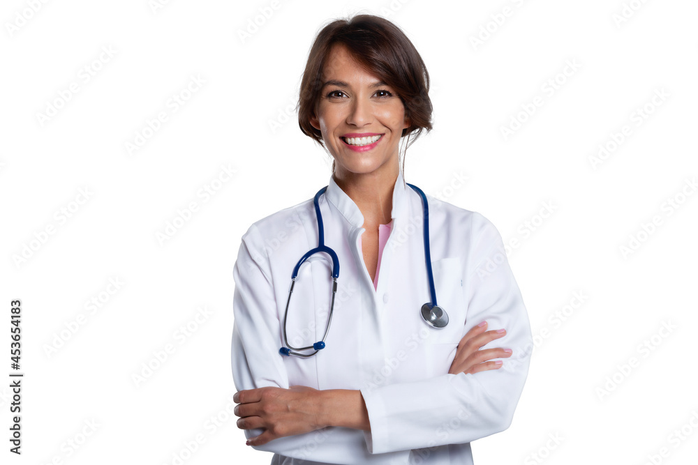 Happy female doctor studio portrait while standing at isolated white background Happy female doctor studio portrait while standing at isolated white background