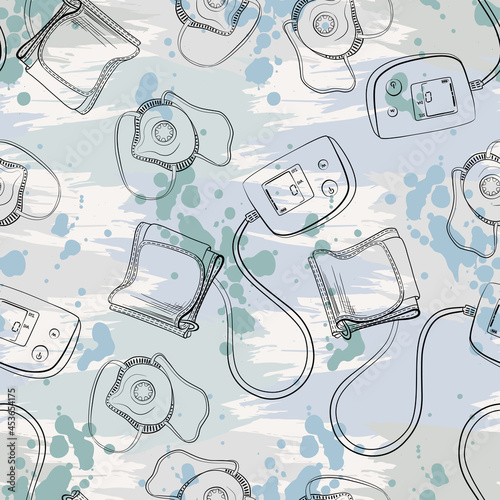 Seamless vector pattern with blood pressure meters and medicine protection masks on the grunge style background. Vector illustration