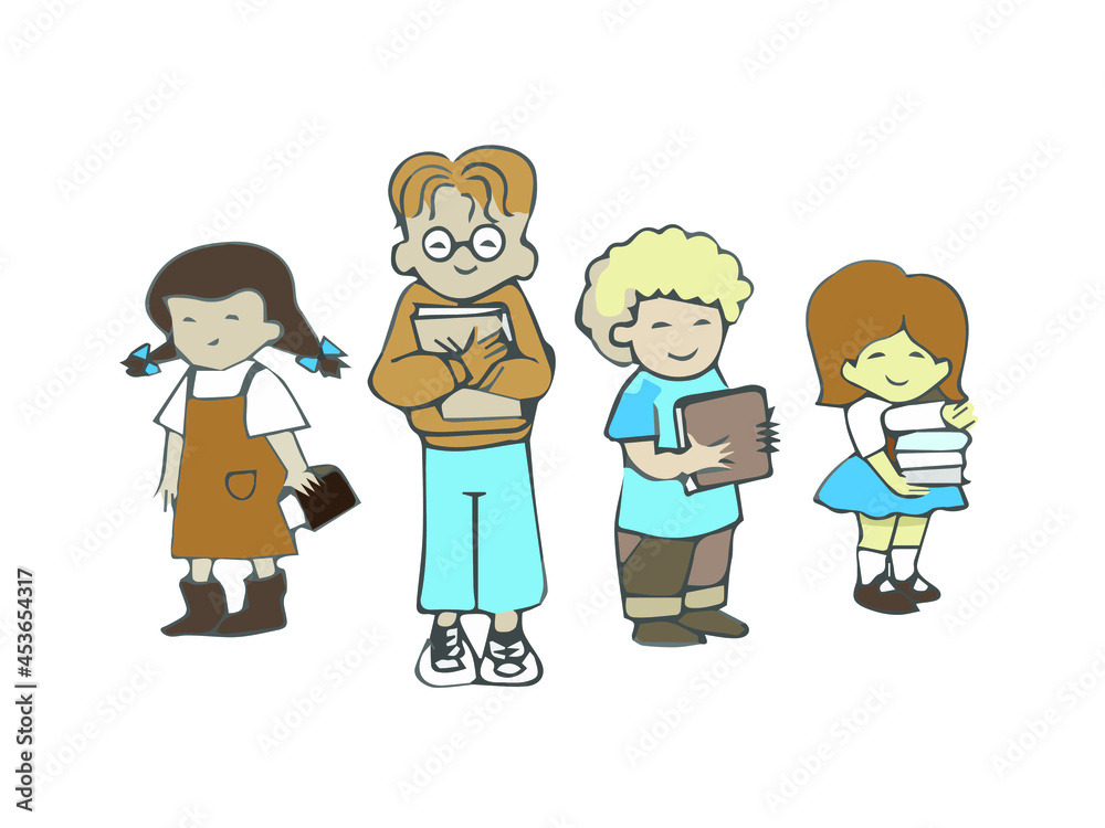 Four school aged children holding books in cartoon style isolated on white. Suitable for the theme of the library and the school.