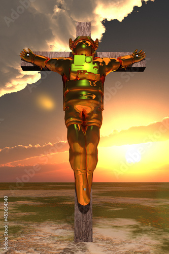 Crucified Astronaut in Golden Suit