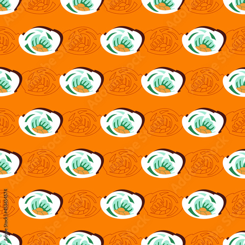 Vector seamless pattern with repeating flower motifs on a mango sorbet color background suitable for different kind of textile products. Japanese fabric design pattern