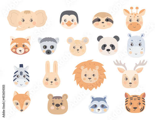 Fototapeta Naklejka Na Ścianę i Meble -  A set of faces of cute animals in red beige and gray blue colors. Heads of funny fox, elephant, tiger, lion, lemur, panda, penguin, sloth. Vector for the design of baby clothes and posters