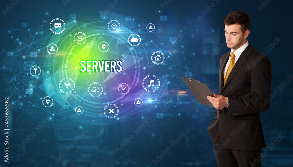 Businessman thinking about modern technology Businessman thinking about modern technology