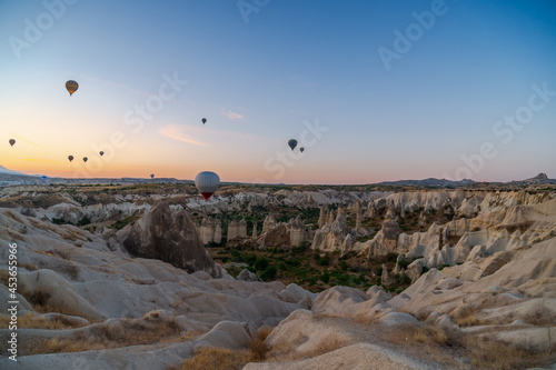 A small number of balloons due to quarantine. First flight after lockdown. Entertainment, tourism an vacation. Travel tour. Goreme, Cappadocia, Turkey.