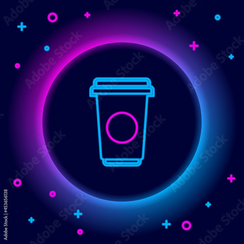 Glowing neon line Coffee cup icon isolated on black background. Disposable coffee cup with hot coffee. Colorful outline concept. Vector