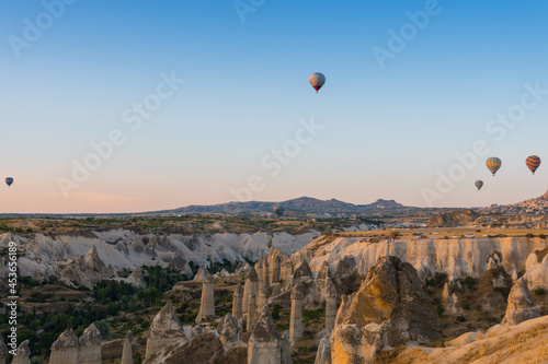 Low number of balloons due to quarantine. The great tourist attraction of Cappadocia - balloon flight. Entertainment, tourism an vacation. Travel tour. Goreme, Cappadocia, Turkey.