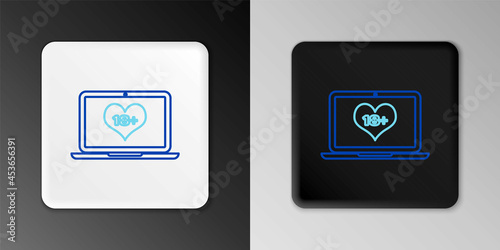 Line Laptop computer with 18 plus content heart icon isolated on grey background. Age restriction symbol. 18 plus content sign. Adult channel. Colorful outline concept. Vector