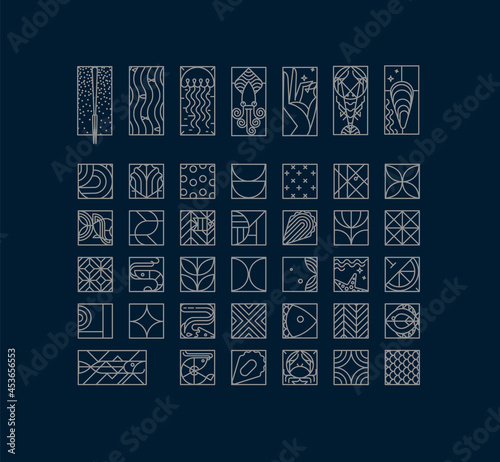 Set of creative modern art deco seafood icons in flat line style drawing on blue background.