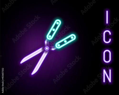 Glowing neon line Gardening handmade scissors for trimming icon isolated on black background. Pruning shears with wooden handles. Colorful outline concept. Vector