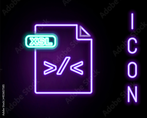 Glowing neon line XSL file document. Download xsl button icon isolated on black background. Excel file symbol. Colorful outline concept. Vector photo